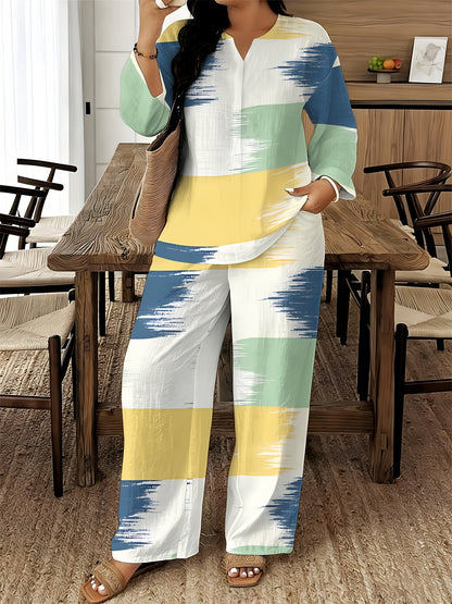 2026 New Women's Standard Size Long Sleeved Pants 2pcs Set, Set, Spring And Summer New V-Neck Long Sleeved Shirt Printed Elastic Waistband Pants 2pcs Set, Digital Printing Machine Washable Fabric, Elegant And Comfortable