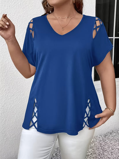 Plus Size Women'S Loose-Fitting Short-Sleeve V-Neck Tee - Stylish V-Neck Style Featuring Open Cross Elements. Perfect for Both Casual And Formal Settings During Spring And Summer, Making It Great for Everyday Wear And Special Events