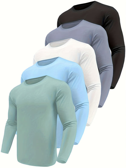 Kinglaman 5pcs Men'S Quick Dry Long Sleeve T-Shirts for Casual Workouts with Moisture-Wicking Performance