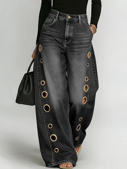 [Retro Denim Jeans] New Retro Style Denim Jeans for Women, With Metal Eyelets Designed for Casual And Loose Fit, High Waisted And Wide Leg Jeans, Street Cool Women's Clothing, Black Retro Blue Light Blue Women's Straight Leg Denim Pants