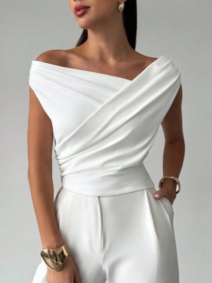 Summer Solid Color Sleeveless T-Shirt, Simple Style, Off-Shoulder, Slim Fit, Sleeveless Short Top