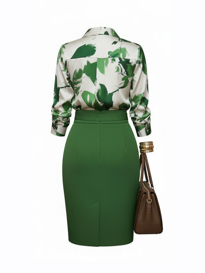 Women'S Dark Green Plant Print Shirt Paired with a Solid Color High-Waisted Skirt Set | Designed for an Elegant And Mature Style, Suitable for Workplace Commutes, Business Afternoon Teas