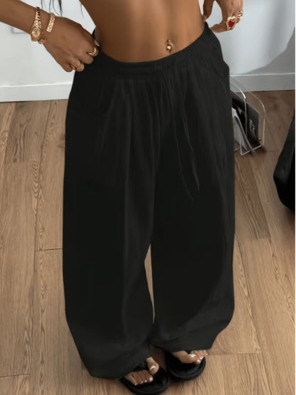 New Model Relaxed Style High Waist Casual Versatile Draping Drawstring Wide-Leg Pants for Women