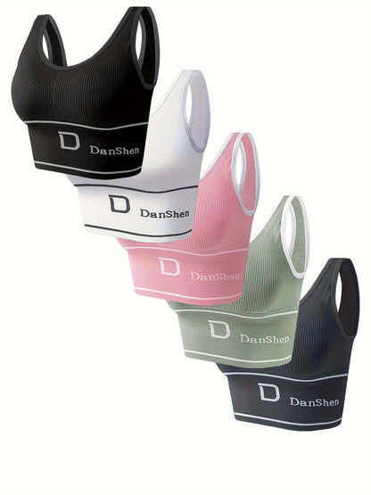 5pcs DanSheer Sports Bra- Wireless, Full Coverage, High Elasticity, Suitable for Yoga and Running, Breathable Nylon, Machine Washable, Various Colors, Featuring Fashionable "DANSHEER" Print, Sports Bra