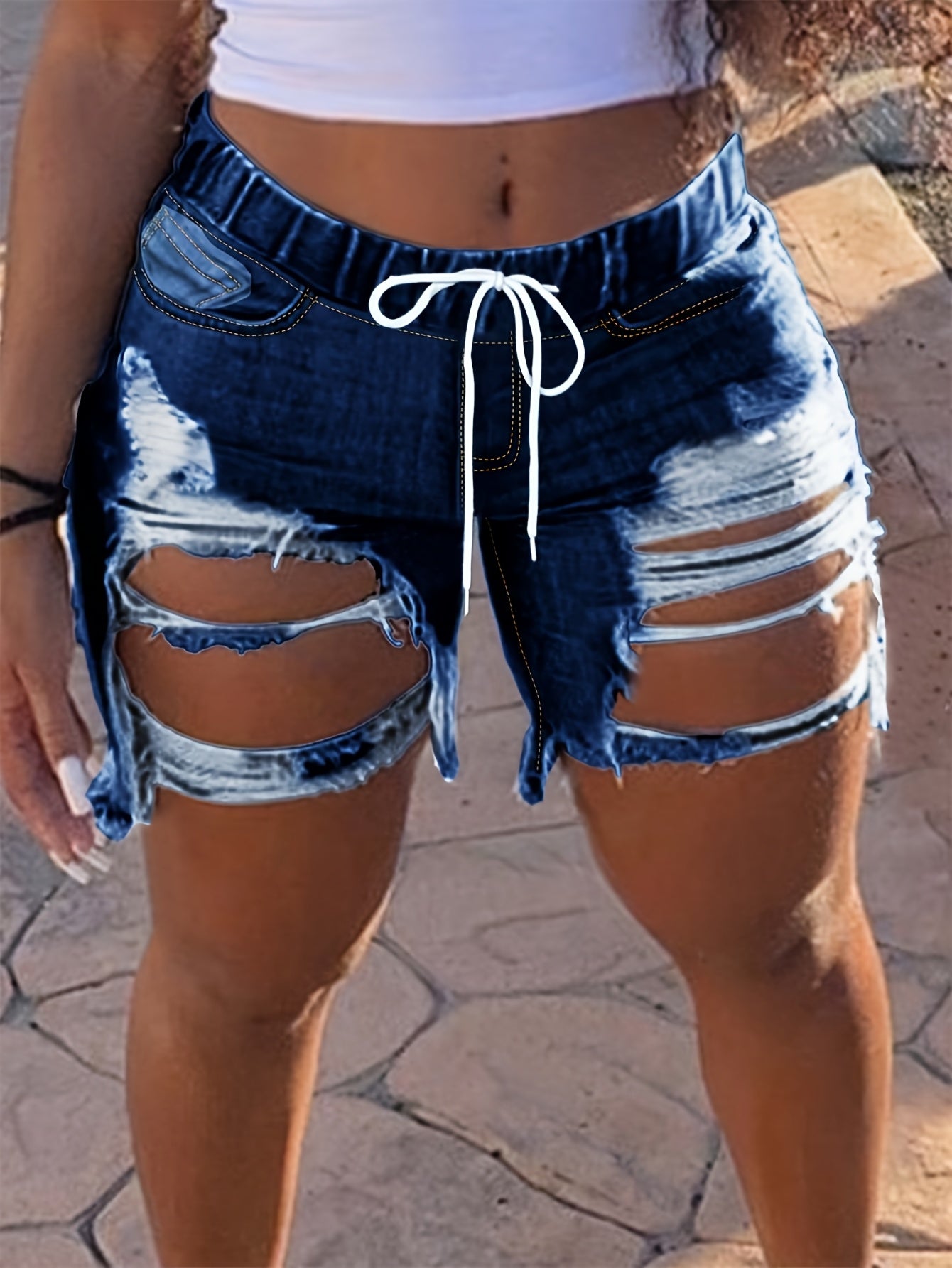 Ladies' Fashionable Ripped Denim Shorts, Mid Waist Straight Leg Pants, Waist Drawstring Design, Frayed Edges with Pockets, Summer Casual Wear