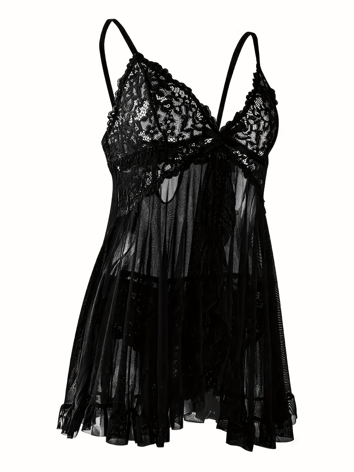 Big Size Sultry Valentine Lace Sleepwear Dress Set - Exquisite Lace, Flattering V-Neckline, Daring Backless Design, Delicate Ruffle Trim, Trendy Split Hem, Seductive Thong Detail, Ultra-Comfortable Fabric, Perfect For Romantic Night, Anniversary Gift