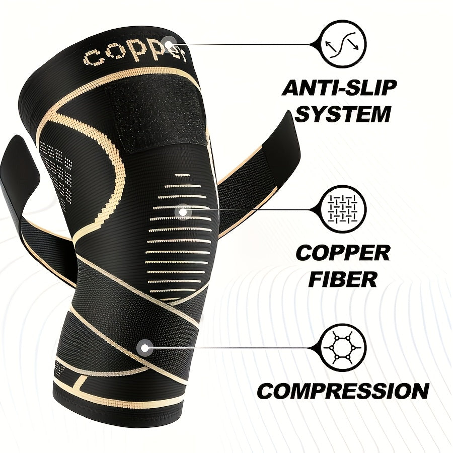 2 Copper Knee Pad with Straps - Black Compression Sleeve for Stability, Nylon Blend, Modern Design, Strap Closure, Comfortable And Durable, Suitable for Daily Activities