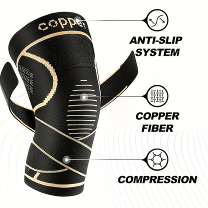2 Copper Knee Pad with Straps - Black Compression Sleeve for Stability, Nylon Blend, Modern Design, Strap Closure, Comfortable And Durable, Suitable for Daily Activities
