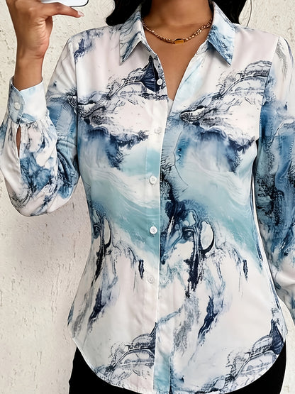 Marble Print Polo Collar Shirt, Casual Button Long Sleeve Shirt For Spring & Fall, Women'S Clothing