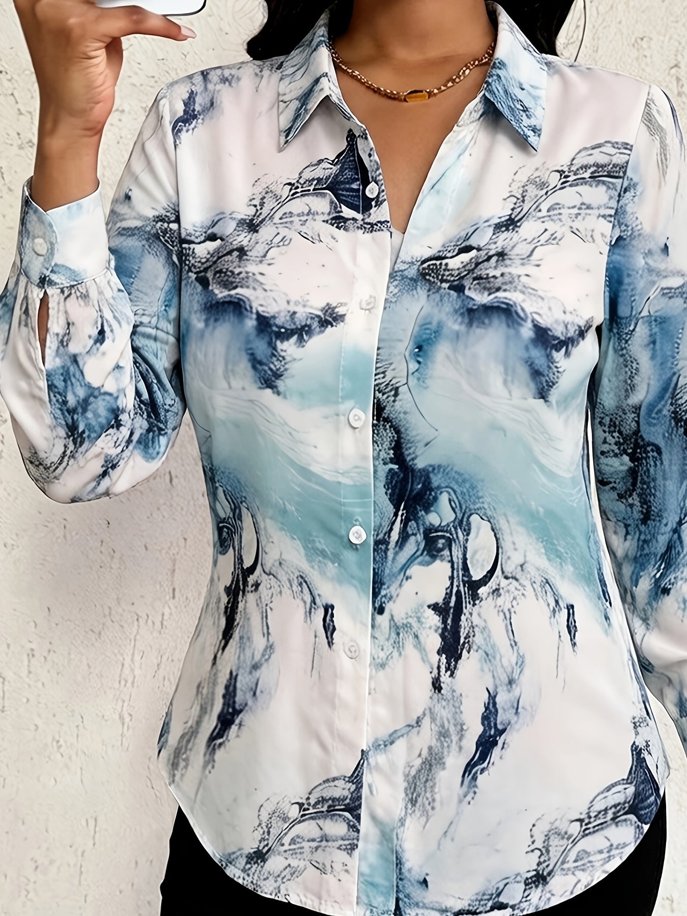 Marble Print Polo Collar Shirt, Casual Button Long Sleeve Shirt For Spring & Fall, Women'S Clothing