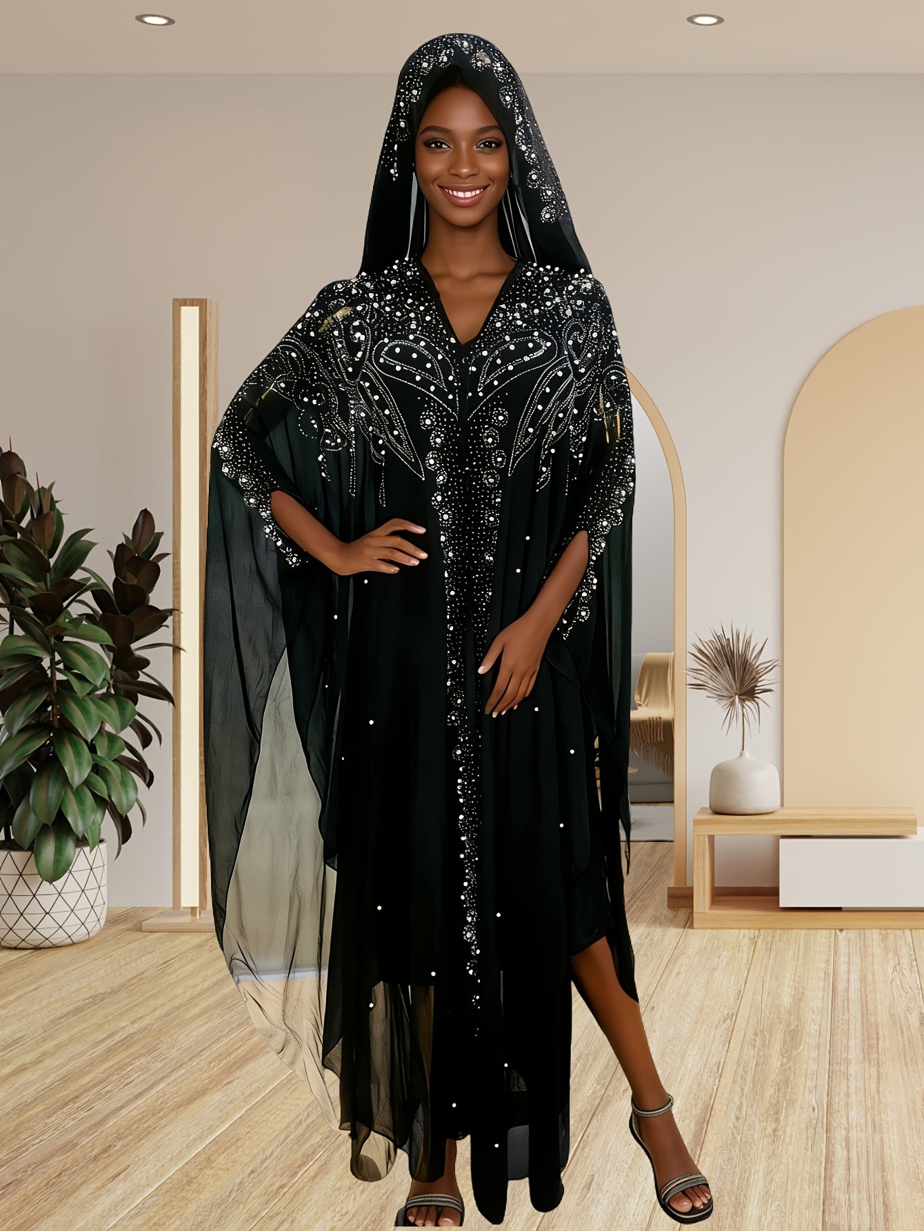 A Batwing Sleeve Shawl Wrap Adorned with Royal Blue Rhinestones, Inspired by Middle Eastern Styles. This Plus-Size Semi-Sheer Tunic Features a Loose Fit, Beaded Accents, And a Slit Hem, Perfect for Summer Weddings, Parties, And Cultural Gatherings