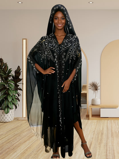 A Batwing Sleeve Shawl Wrap Adorned with Royal Blue Rhinestones, Inspired by Middle Eastern Styles. This Plus-Size Semi-Sheer Tunic Features a Loose Fit, Beaded Accents, And a Slit Hem, Perfect for Summer Weddings, Parties, And Cultural Gatherings