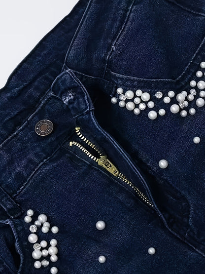 Women's 2707# Blue Stretch Fashion Skinny Bootcut Beaded Hem All-Season Jeans