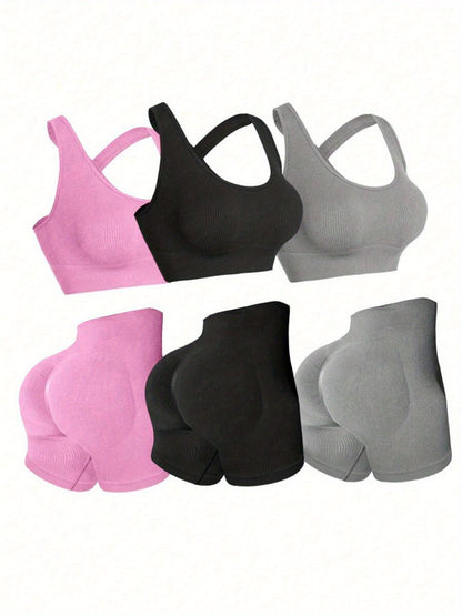 Three Sets of Seamless Women'S Sportswear Suits, Featuring High Elasticity, See-Through Back Bras And Tight-Fitting Short Pants for Enhancing Buttocks
