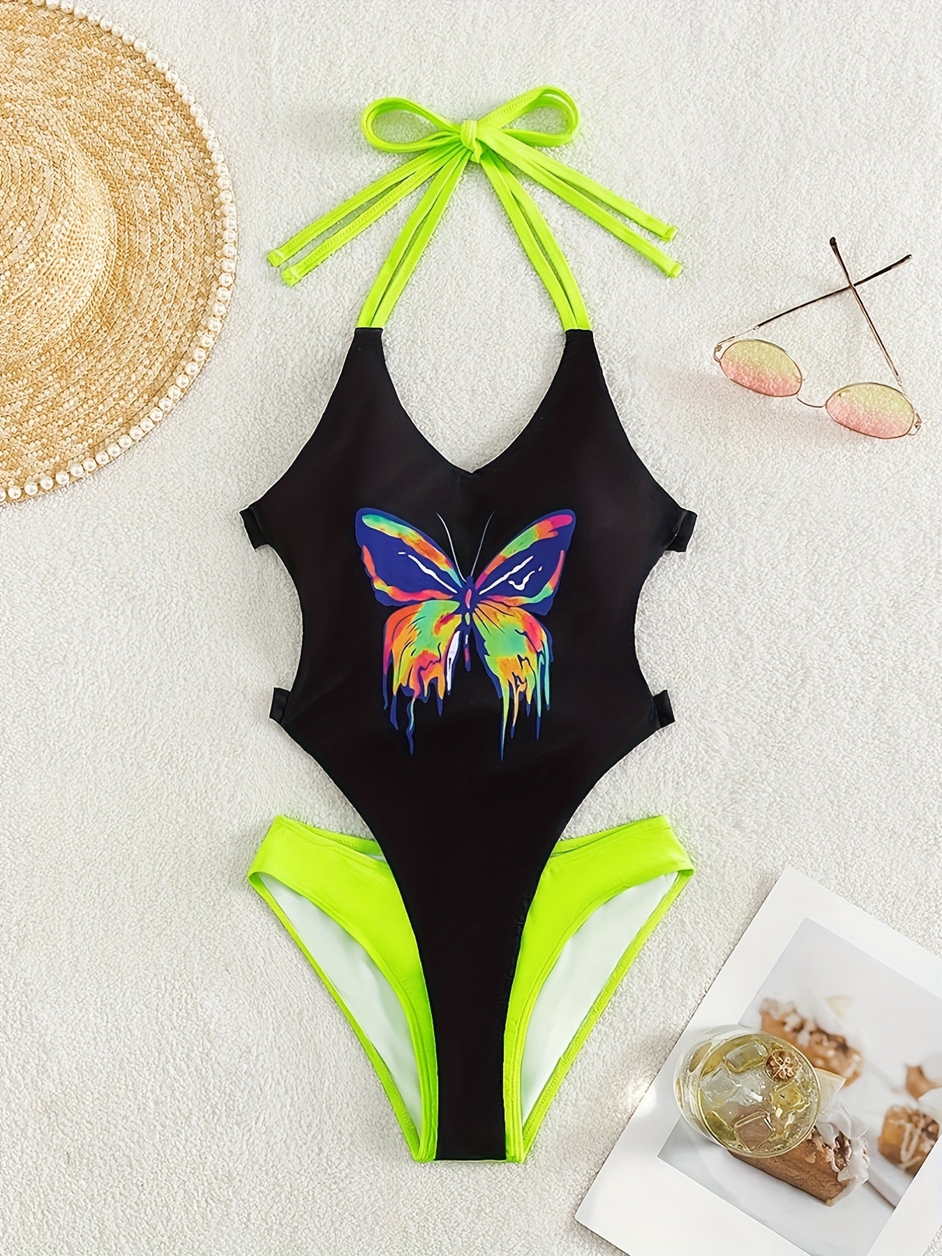 Butterfly Print One Piece Swimsuit, Contrast Color Halter Neck Cut Out Backless High Cut Bathing Suit, Women's Swimwear & Clothing