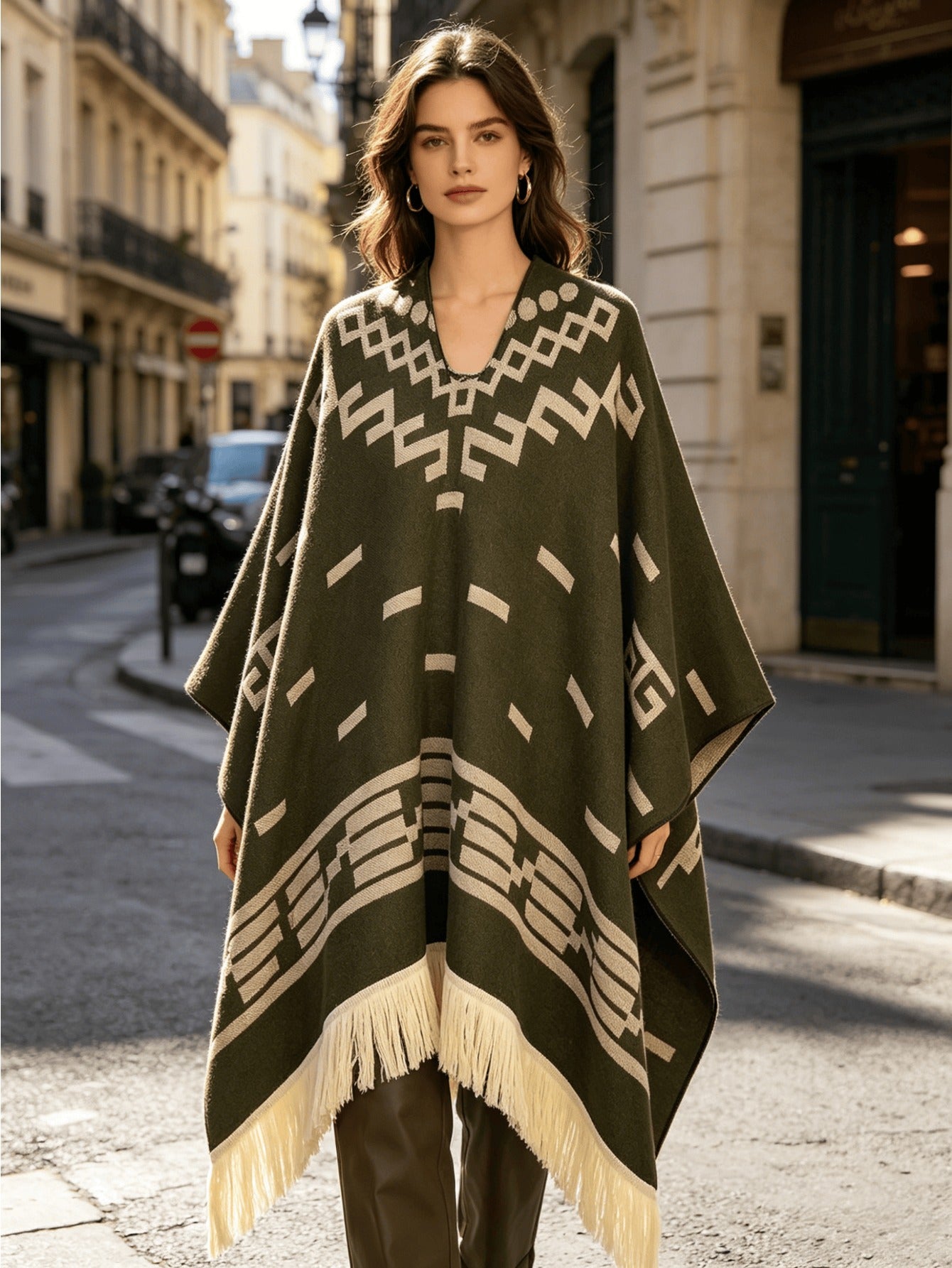 Men's Western Bandit Cape Coat with Tribal Print, Warm V-Neck Poncho with Tassel Trim for Outdoor Adventures, Fall and Winter Casual Wear (Brown/ White)