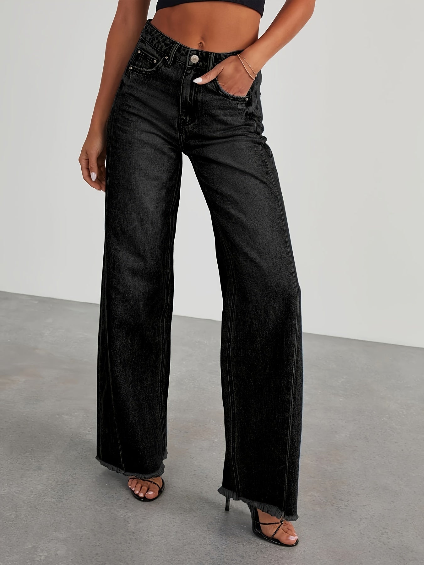 Women's High-Waisted Wide Leg Jeans - Casual Baggy Stretch Denim Pants with Pockets