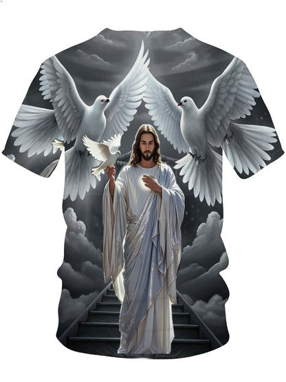 Jesus Christ With Doves And Heavenly Stairs Religious Christian T-Shirt For Men Full Print Design Faith Inspired Apparel, Plus Size