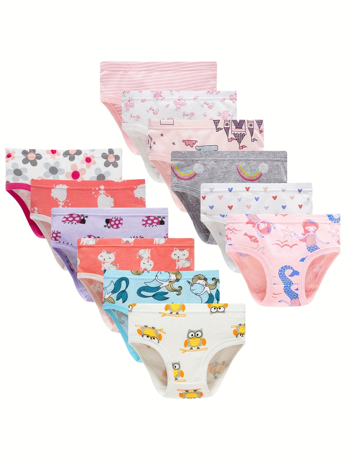 12 Pack Girls' 100% Cotton Underwear - Cute Mermaid, (Pegasus), Fox, Teddy Bear & Stripes Triangle Briefs | Semi-Sheer Breathable Panties for to Teen Girls | Year-Round, Easy Hand Wash Care