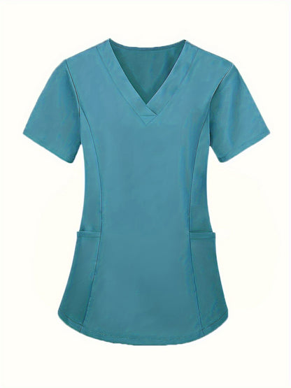 Fashion Casual V-neck Women's Work Clothes Care Comfortable Sweat-absorbing Brush Clothes Set, Fashion Short-sleeved Beauty Salon Medical Wash Clothes Work Clothes