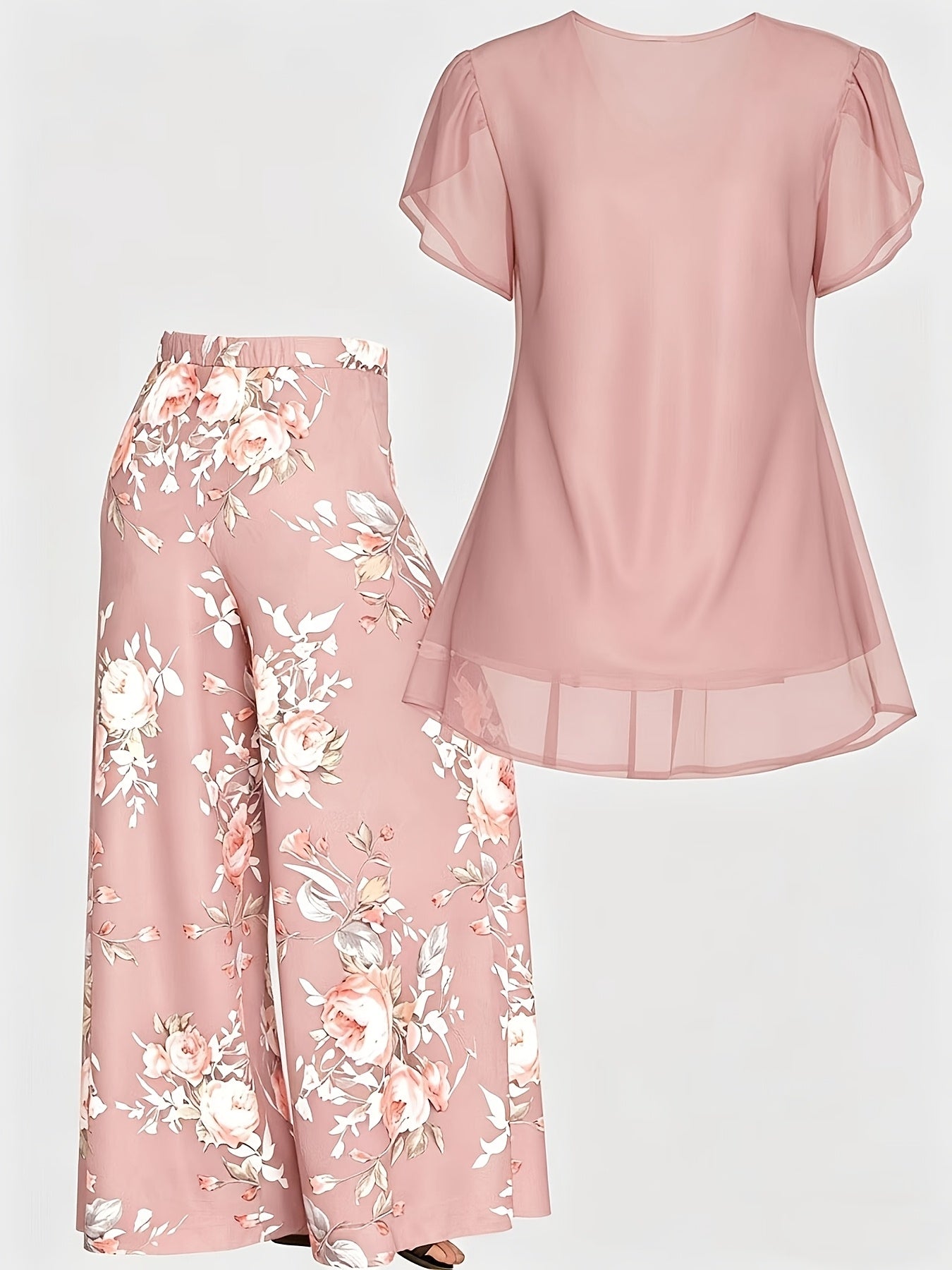 Plus Size - New Women'S Solid Color Top And Printed Pants Chiffon Fashion Style Set Top And Pants Two Piece Set
