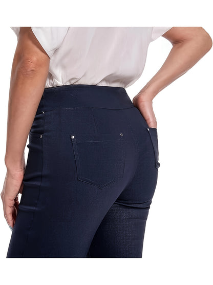 Women's Stretchy Pull On Bermuda Shorts High Waist Office to Vacation Pants, Non See Through Fabric, Machine Washable with 5 Pockets & Cuffed Hem for Everyday, Formal Events Elegant Casual All Season Shorts