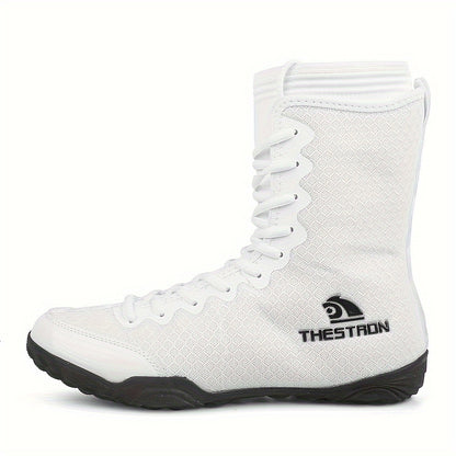 Men's High-Top Boxing Shoes - Non-Slip, Comfortable Wrestling & Training Sneakers for Indoor Sports, Black/White
