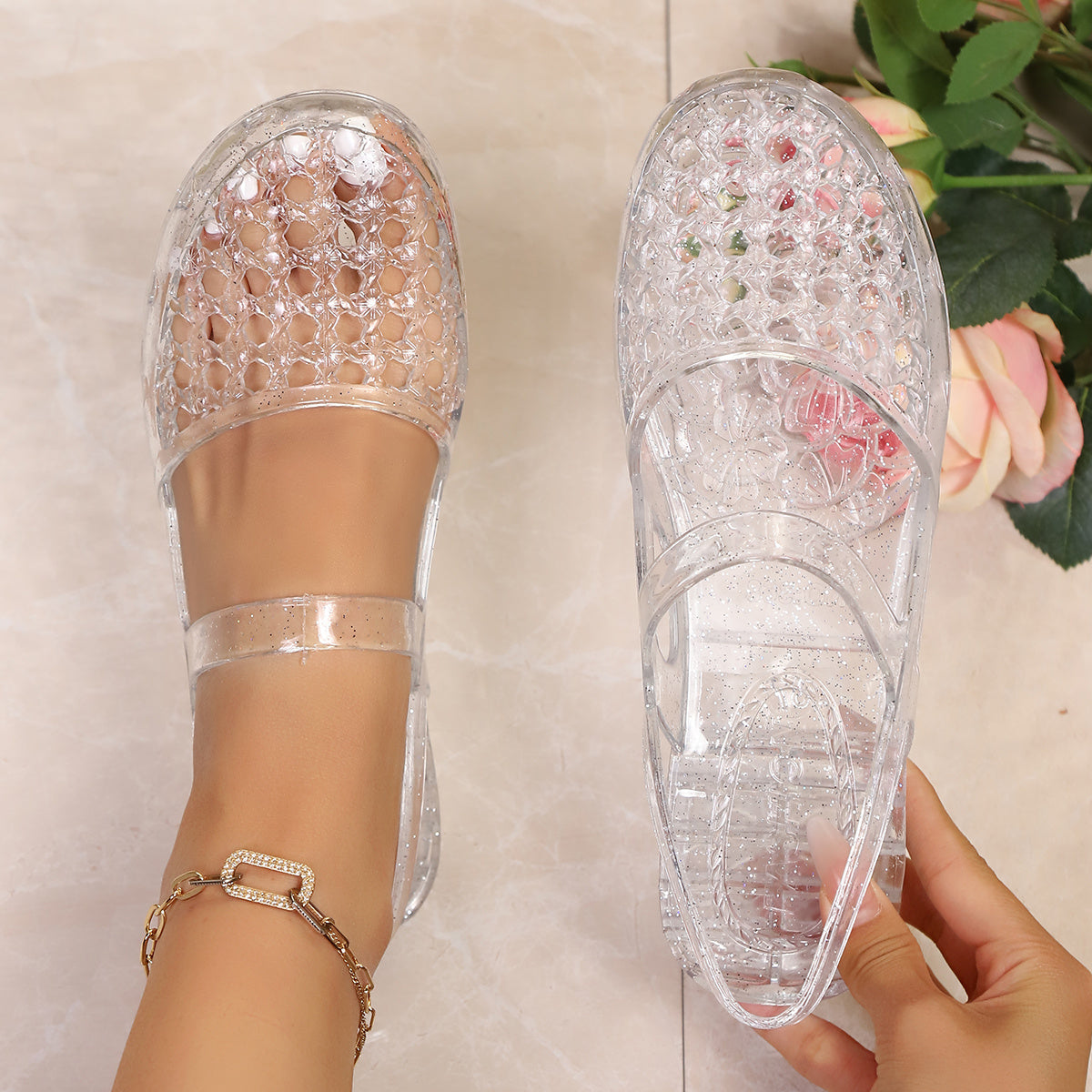 2026 Women'S Jelly Knit Flat Sandals, Comfortable Summer Beach Slip-On Shoes, Women Shoes