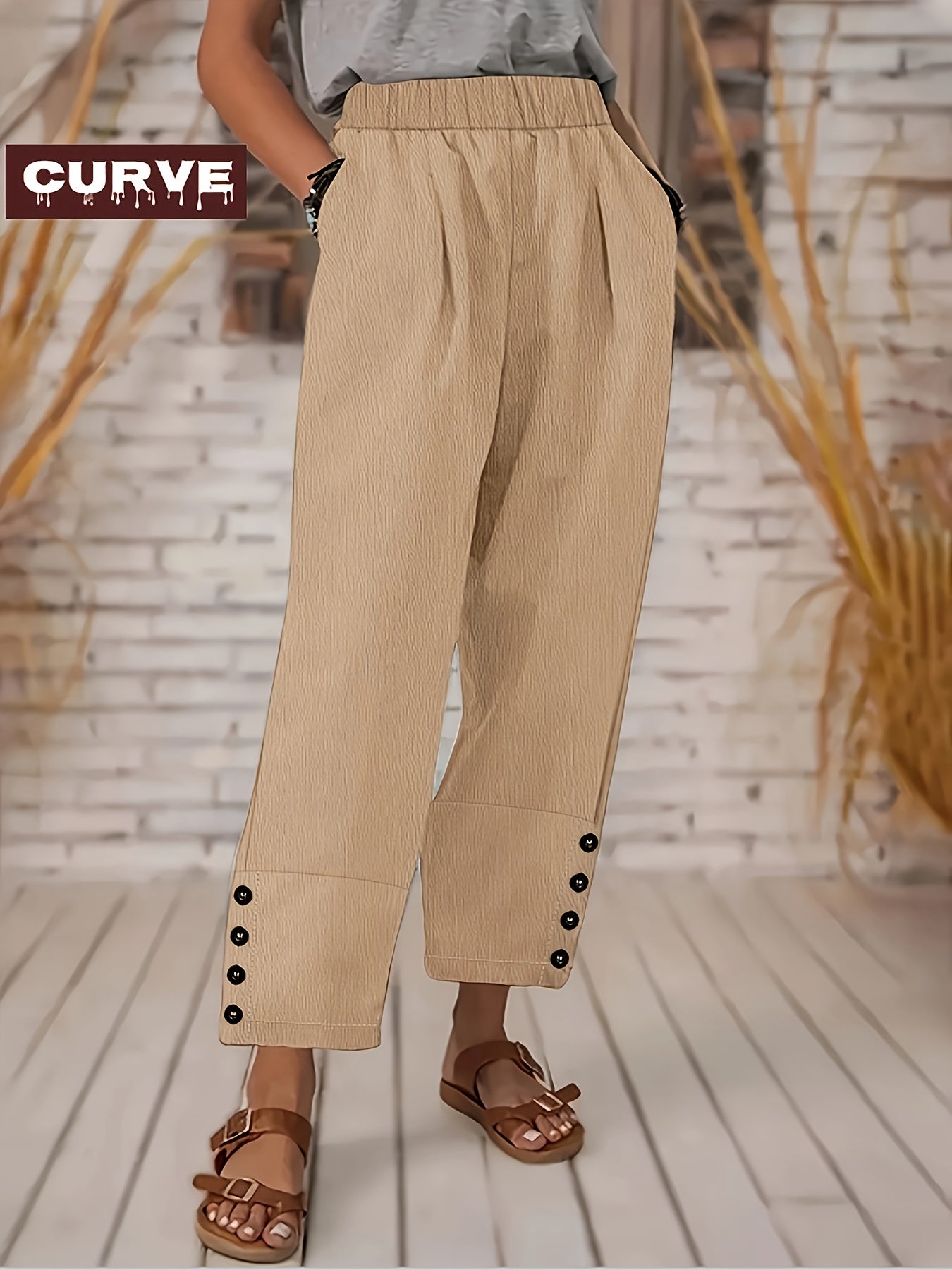 Plus Size - Spring&Summer Plus Size Women'S Casual Straight Pants- High Waisted, Trendy Button Design, Comfortable Fabric - Comfortable, Classic, And Versatile Casual Wear For Work Or Daily Life PIUS Size Trousers
