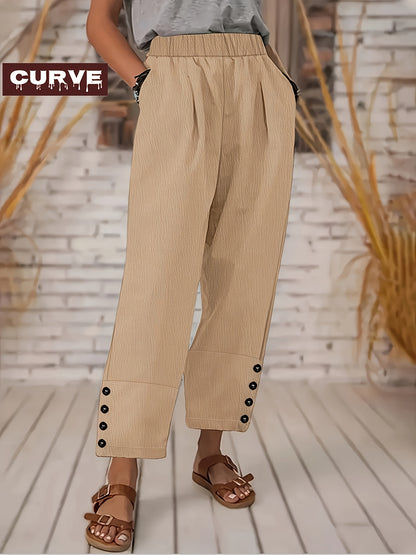 Plus Size - Spring&Summer Plus Size Women'S Casual Straight Pants- High Waisted, Trendy Button Design, Comfortable Fabric - Comfortable, Classic, And Versatile Casual Wear For Work Or Daily Life PIUS Size Trousers