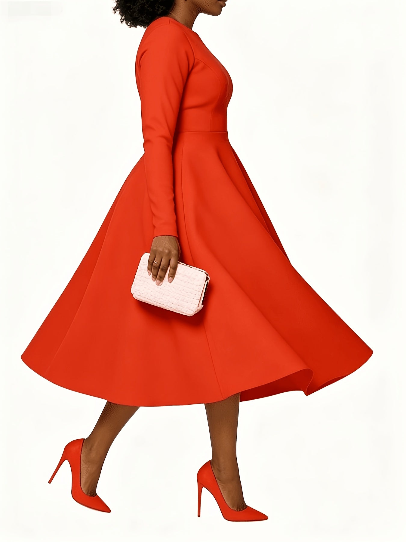Plus Size - Plus Size Women'S Solid Color Round Neck Long Sleeve Back Pleated Flared Dress Autumn And Winter Elegant Long Dress