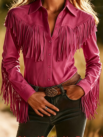 Women'S Vintage Minimalist Fringed Design Turn- Collar Buttoned Long-Sleeve Top Printed Design Not Textured