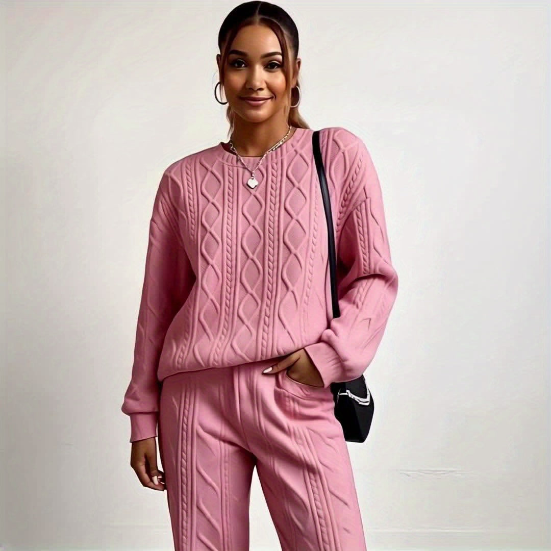 Women'S Sweatshirt Ensemble for Autumn/Winter 2025 - Featuring a Solid Color, Cable Patchwork, Long Sleeve Crew Neck Top And Cuffed Pants in a Two-Piece Outfit, Including a Pullover And Sweater, Perfect for Christmas And Fall