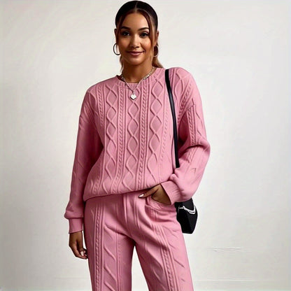 Women'S Sweatshirt Ensemble for Autumn/Winter 2025 - Featuring a Solid Color, Cable Patchwork, Long Sleeve Crew Neck Top And Cuffed Pants in a Two-Piece Outfit, Including a Pullover And Sweater, Perfect for Christmas And Fall