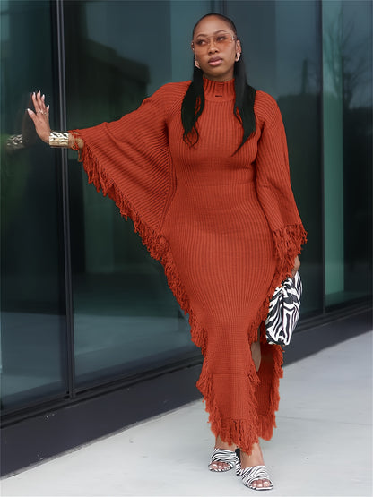 Gifts for Her, Fringe Trim Sweater Dress for Women, Batwing Long Sleeve High Neck Maxi Dress with Asymmetrical Hem, Sexy And Chic Style, for Fall Winter