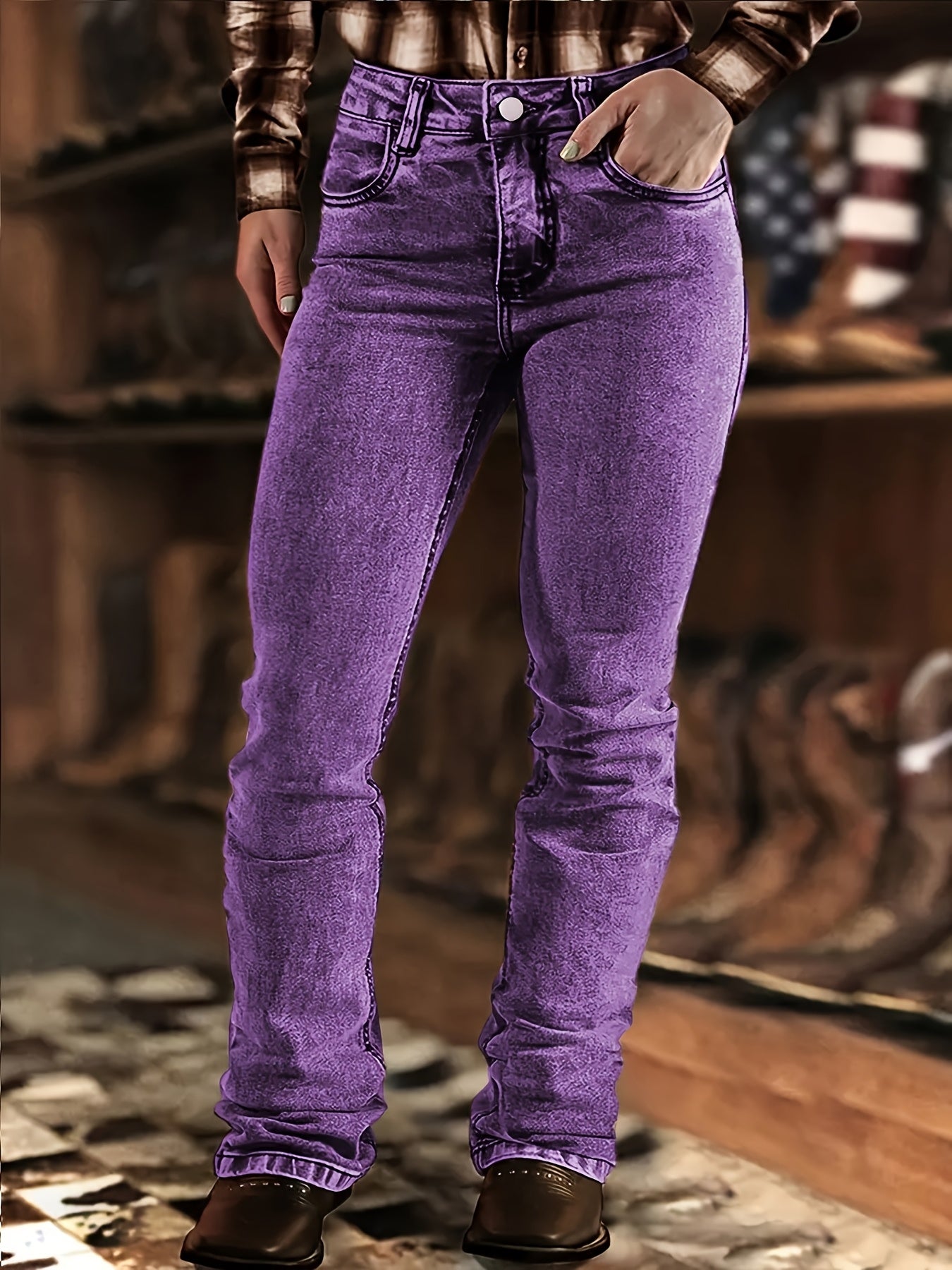 High Waisted Brown Washed Vintage Western Denim Style Stacked Elastic Horseshoe Slightly Flared Pants