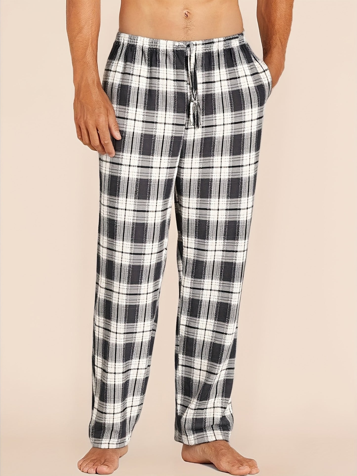 4 Men'S Sleep Pants, Soft New Men'S Four-season Pajama Trousers With A Plaid Pattern, Comfortable Spring And Summer Sleep Pants With Elastic Waist, One Side Pocket, With Belt, Loose And Suitable For Wearing Outside, Casual Home Trousers