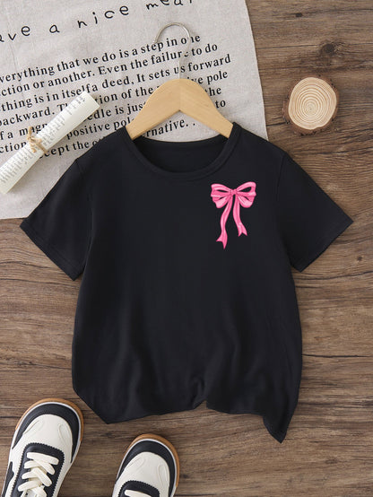 GOURD DOLL Girls' "Love Like Jesus" Inspirational Black T-Shirt - Comfy Loose Fit, Pink Bow & Heart Print, Short Sleeve, Round Neck, 100% Cotton, Machine Washable for Summer Casual Wear