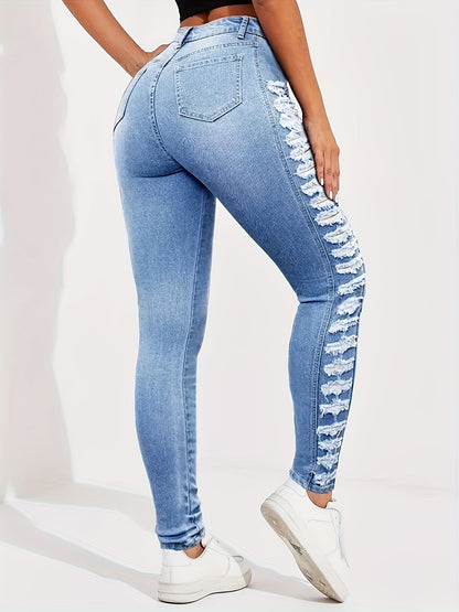 Women's High-Waisted Jeans with Side Ripped Detail - Stretchy All-Season Casual Pants, Machine Washable & No Belt Needed