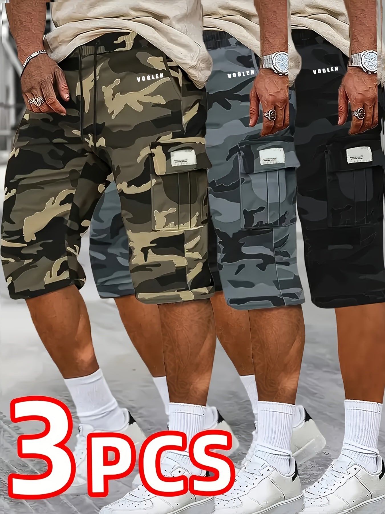 2026 Men's fashionable and high-end versatile shorts, loose camouflage seven quarter shorts, 3pcs set, perfect gift for match day, football fan gear for all fans