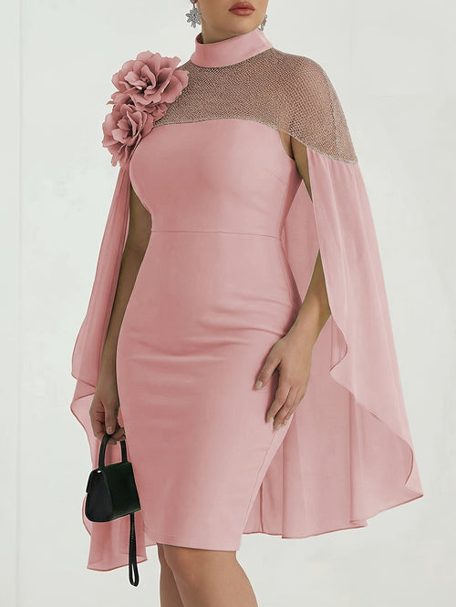 Plus Size - Plus Size Women'S Spring & Summer High-Neck Shawl-Style Flower Decor Waist-Cinched Dress | Elegant Temperament Design, Ideal for Formal Occasions like Dinner Parties & Wedding Attendants