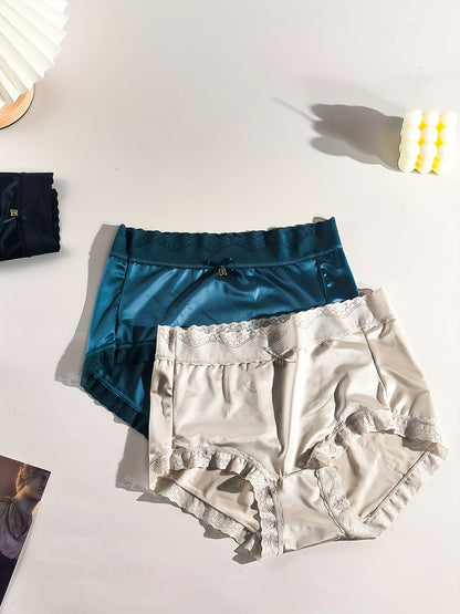 6pcs Women's Satin & Lace Trim Briefs - Comfy, Breathable, Stretchy High Waist Panties for Elegant Comfort