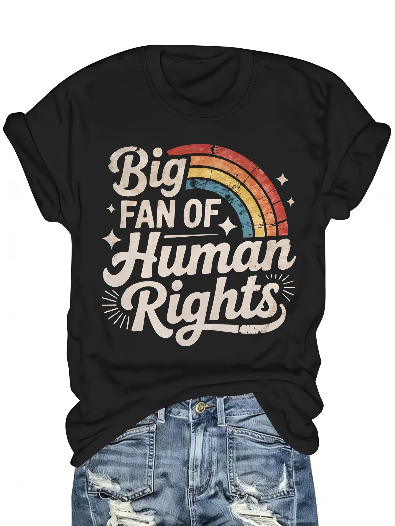 Women'S Short Sleeve T-Shirt, Christmas Women'S Clothing, Thanksgiving, Christmas Gift- Blend Human Rights Fan T-Shirt with Rainbow Pride Design Retro Font Statement T-Shirt, Suitable for Unisex Street Fashion Trend Graphic Top