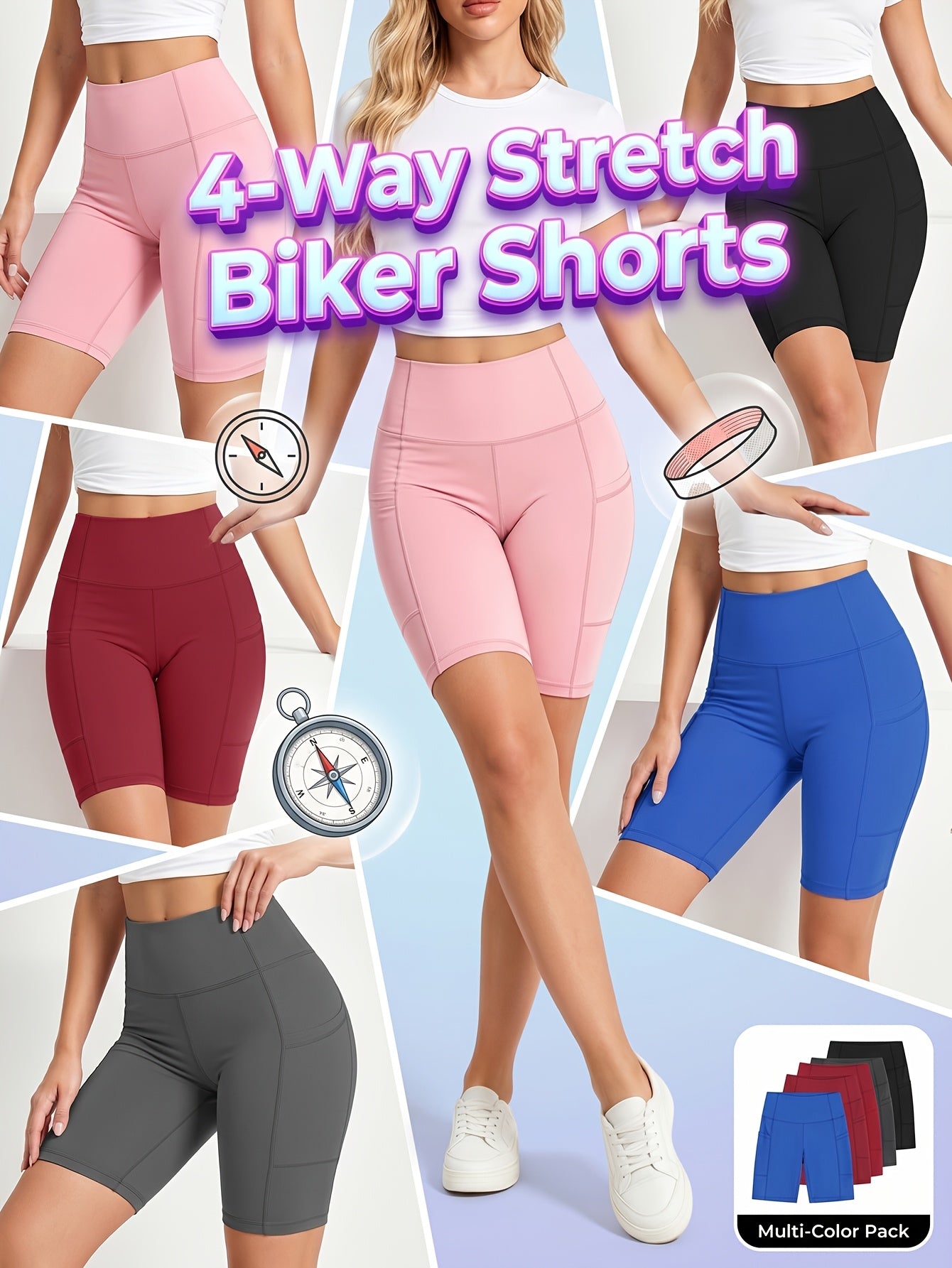 Five-piece Set Of High-waisted Women'S Cycling Shorts With Pockets, Yoga Shorts For Gym Workouts, Running, Made Of