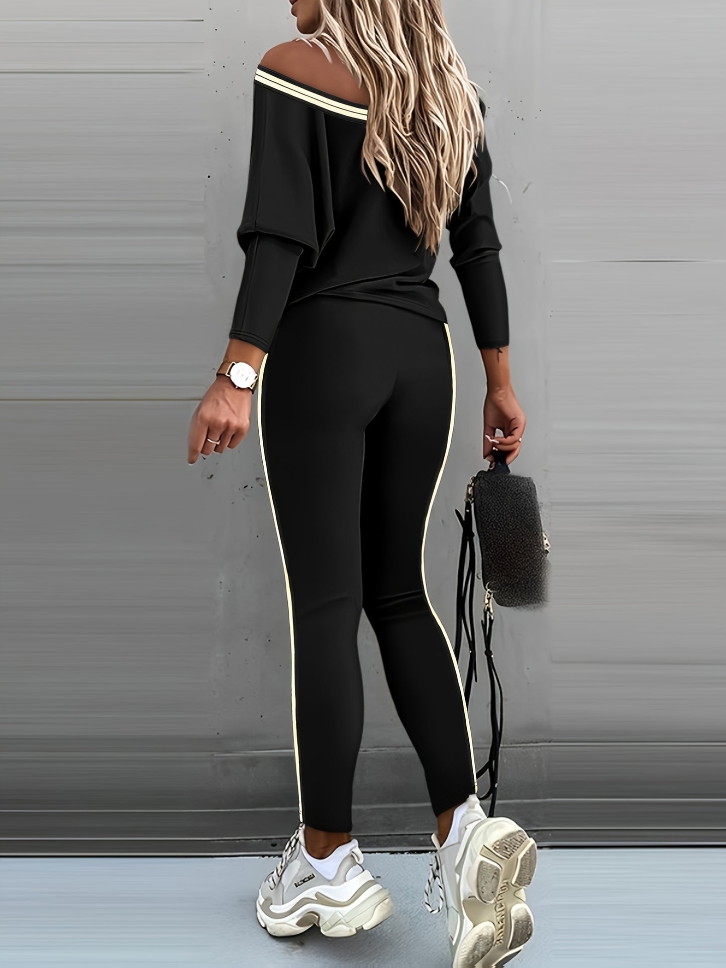 2pcs Casual Set Long Sleeve Pullover Top High Waist Pants Set wear