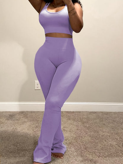 Casual 2pcs Outfits for Women Short Tank Top Crop High Waist Flare Pants Sets