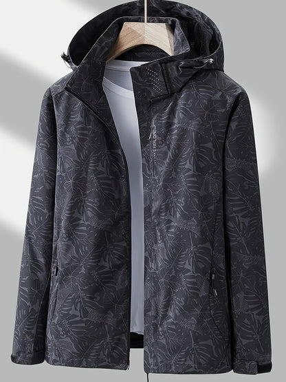Women's Lightweight Windproof Hooded Jacket - Casual Zip-Up Outdoor Raincoat with Tropical Leaf Print, Removable Hood & Adjustable Cuffs for Spring Summer Fall,, Travel, Camping, Camping Gear, Apparel, Durable Zipper Closure