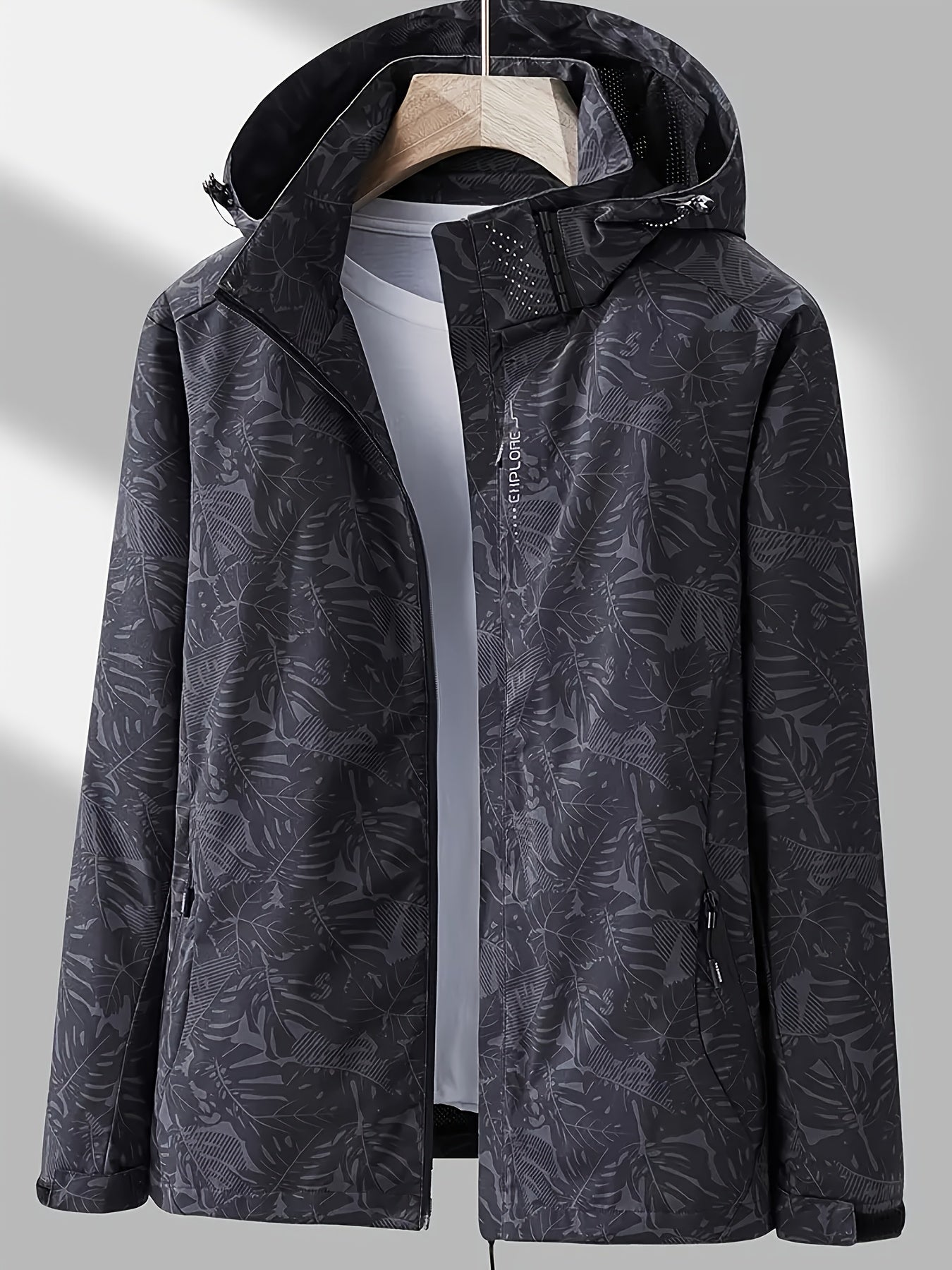Women's Lightweight Windproof Hooded Jacket - Casual Zip-Up Outdoor Raincoat with Tropical Leaf Print, Removable Hood & Adjustable Cuffs for Spring Summer Fall,, Travel, Camping, Camping Gear, Apparel, Durable Zipper Closure