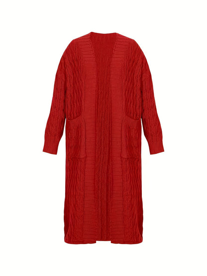 Plus Size, Large Size Twisted Flower Long Cardigan with Large Pockets, Loose Sweater Jacket for Autumn and Winter Fashion, Over the Knee for Outerwear