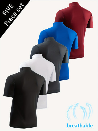 5pcs Men's Breathable Slim Fit T-Shirts - Moisture Wicking, Stretchy Crewneck for Gym/Running/Cycling (Solid Colors) - Athletic & Casual Wear